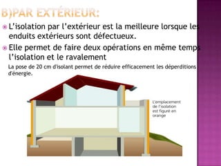 L’isolation par l’extérieur est la meilleure lorsque les
enduits extérieurs sont défectueux.
 Elle permet de faire deux opérations en même temps
l’isolation et le ravalement
La pose de 20 cm d'isolant permet de réduire efficacement les déperditions
d'énergie.
 