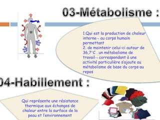 1.Qui est la production de chaleur
interne au corps humain
permettant
2. de maintenir celui-ci autour de
36,7°C . un métabolisme de
travail correspondant à une
activité particulière s’ajoute au
métabolisme de base du corps au
repos
Qui représente une résistance
thermique aux échanges de
chaleur entre la surface de la
peau et l’environnement
 