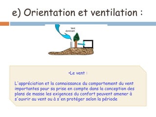 e) Orientation et ventilation :
•Le vent :
L'appréciation et la connaissance du comportement du vent
importantes pour sa prise en compte dans la conception des
plans de masse les exigences du confort peuvent amener à
s'ouvrir au vent ou à s'en protéger selon la période
 