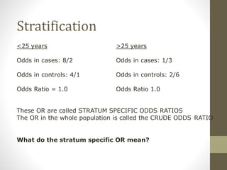 Stratification
<25 years >25 years
Odds in cases: 8/2 Odds in cases: 1/3
Odds in controls: 4/1 Odds in controls: 2/6
Odds Ratio = 1.0 Odds Ratio 1.0
These OR are called STRATUM SPECIFIC ODDS RATIOS
The OR in the whole population is called the CRUDE ODDS RATIO
What do the stratum specific OR mean?
 