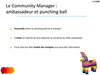 Le Community Manager :
ambassadeur et punching ball


 >   Passerelle entre la communauté et la marque


 >   Il relais en interne les avis externes et annonce les infos corporates


 >   Il est celui qui doit rendre des comptes aux yeux des internautes
 