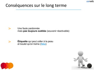 Conséquences sur le long terme



 >   Une faute pardonnée
     mais pas toujours oubliée (souvenir réactivable)



 >   Étiquette qui peut coller à la peau
     et boulet qu'on traîne (Nike)
 