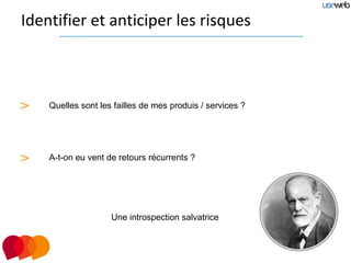 Identifier et anticiper les risques



>   Quelles sont les failles de mes produis / services ?




>   A-t-on eu vent de retours récurrents ?




                    Une introspection salvatrice
 