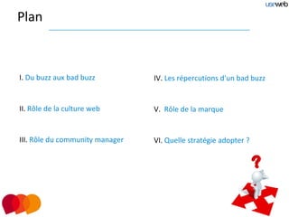Plan



I. Du buzz aux bad buzz          IV. Les répercutions d'un bad buzz


II. Rôle de la culture web       V. Rôle de la marque


III. Rôle du community manager   VI. Quelle stratégie adopter ?
 