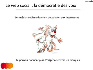 Le web social : la démocratie des voix

     Les médias sociaux donnent du pouvoir aux internautes




     Le pouvoir donnent plus d'exigence envers les marques
 