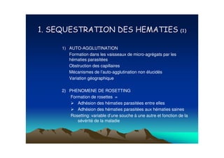 1) AUTO-AGGLUTINATION
   Formation dans les vaisseaux de micro-agrégats par les
   hématies parasitées
   Obstruction des capillaires
   Mécanismes de l’auto-agglutination non élucidés
   Variation géographique

2) PHENOMENE DE ROSETTING
    Formation de rosettes =
       Adhésion des hématies parasitées entre elles
       Adhésion des hématies parasitées aux hématies saines
   Rosetting: variable d’une souche à une autre et fonction de la
       sévérité de la maladie
 