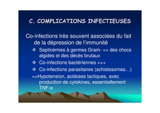 Co-infections très souvent associées du fait
   de la dépression de l’immunité
    Septicémies à germes Gram- => des chocs
    algides et des décès brutaux
    Co-infections bactériennes +++
    Co-infections parasitaires (schistosomes…)
  =>Hypotension, acidoses lactiques, avec
    production de cytokines, essentiellement
    TNF-
 