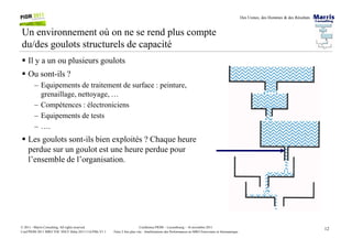 Des Usines, des Hommes & des Résultats
Un environnement où on ne se rend plus compte
du/des goulots structurels de capacité
Il y a un ou plusieurs goulots
Ou sont-ils ?
– Equipements de traitement de surface : peinture,
grenaillage, nettoyage, …
– Compétences : électroniciens
– Equipements de tests
– ….
12Conférence PIOM – Luxembourg – 16 novembre 2011
Faire 2 fois plus vite : Améliorations des Performances en MRO Ferroviaire et Aéronautique
© 2011 - Marris Consulting. All rights reserved.
Conf PIOM 2011 MRO TOC SNCF Delta 20111116 PMs V1.1
– ….
Les goulots sont-ils bien exploités ? Chaque heure
perdue sur un goulot est une heure perdue pour
l’ensemble de l’organisation.
 