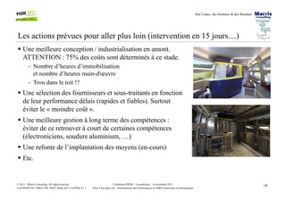 Des Usines, des Hommes & des Résultats
Les actions prévues pour aller plus loin (intervention en 15 jours…)
Une meilleure conception / industrialisation en amont.
ATTENTION : 75% des coûts sont déterminés à ce stade.
– Nombre d’heures d’immobilisation
et nombre d’heures main-d'œuvre
– Trou dans le toit !?
Une sélection des fournisseurs et sous-traitants en fonction
de leur performance délais (rapides et fiables). Surtout
19Conférence PIOM – Luxembourg – 16 novembre 2011
Faire 2 fois plus vite : Améliorations des Performances en MRO Ferroviaire et Aéronautique
© 2011 - Marris Consulting. All rights reserved.
Conf PIOM 2011 MRO TOC SNCF Delta 20111116 PMs V1.1
de leur performance délais (rapides et fiables). Surtout
éviter le « moindre coût ».
Une meilleure gestion à long terme des compétences :
éviter de ce retrouver à court de certaines compétences
(électroniciens, soudure aluminium, …)
Une refonte de l’implantation des moyens (en-cours)
Etc.
 