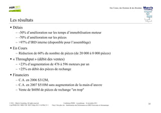 Des Usines, des Hommes & des Résultats
Les résultats
Délais
– -30% d’amélioration sur les temps d’immobilisation moteur
– -70% d’amélioration sur les pièces
– >97% d’IRD interne (disponible pour l’assemblage)
En Cours
– Réduction de 60% du nombre de pièces (de 20 000 à 8 000 pièces)
33Conférence PIOM – Luxembourg – 16 novembre 2011
Faire 2 fois plus vite : Améliorations des Performances en MRO Ferroviaire et Aéronautique
© 2011 - Marris Consulting. All rights reserved.
Conf PIOM 2011 MRO TOC SNCF Delta 20111116 PMs V1.1
« Throughput » (débit des ventes)
– +23% d’augmentation de 476 à 596 moteurs par an
– +25% en débit des pièces de rechange
Financiers
– C.A. en 2006 $312M,
– C.A. en 2007 $510M sans augmentation de la main-d’œuvre
– Vente de $60M de pièces de rechange "en trop"
 