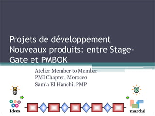 Projets de développement
Nouveaux produits: entre Stage-
Gate et PMBOK
        Atelier Member to Member
        PMI Chapter, Morocco
        Samia El Hanchi, PMP




Idées                              marché
 
