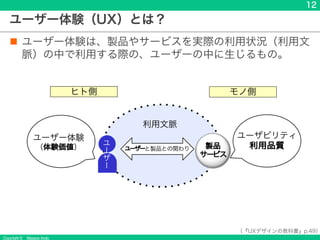 Copyright &copy; Masaya Ando
12
ユーザー体験（UX）とは？
n ユーザー体験は、製品やサービスを実際の利用状況（利用文
脈）の中で利用する際の、ユーザーの中に生じるもの。
利用文脈
ユーザー体験
（体験価値） ユーザーと製品との関わり
ユ
ー
ザ
ー
ユーザビリティ
利用品質
製品
サー
ビス
（『UXデザインの教科書』p.49）
モノ側
ヒト側
 