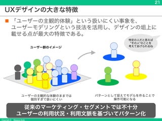Copyright &copy; Masaya Ando
21
UXデザインの大きな特徴
n 「ユーザーの主観的体験」という扱いにくい事象を、
ユーザーモデリングという技法を活用し、デザインの俎上に
載せる点が最大の特徴である。
ユーザー群のイメージ
ユーザーの主観的な体験のままでは
個別すぎて扱いにくい
パターンとして捉えてモデルを作ることで
操作可能になる
従来のマーケティング・セグメントでは不十分
ユーザーの利用状況・利用文脈を基づいてパターン化
特定の人だと思えば
その人 のことを
考えてあげられるね
 