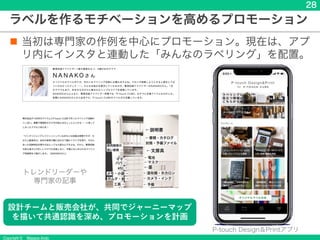 Copyright &copy; Masaya Ando
28
ラベルを作るモチベーションを高めるプロモーション
n 当初は専門家の作例を中心にプロモーション。現在は、アプ
リ内にインスタと連動した「みんなのラベリング」を配置。
P-touch Design＆Printアプリ
トレンドリーダーや
専門家の記事
設計チームと販売会社が、共同でジャーニーマップ
を描いて共通認識を深め、プロモーションを計画
 