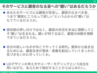 Copyright &copy; Masaya Ando
そのサービスに顧客のなる姿への 願い はあるだろうか
l あなたのサービスには顧客が変身し、顧客のなるべき姿、
つまり 顧客にこうなって欲しい という心からの 願い は
もてているだろうか。
l 提供側の押し付けではなく、顧客の状況を本当に理解してこ
そ 願い は生まれる。願いが持てるほど、顧客の体験を理解
できているだろうか。
l 自分の欲しいものが向こうやってくる時代。競争から抜き出
るためには、顧客自身が意味・意義を創出していくきっかけ、
気づきをいかに作っていくか。
l UXデザインの考え方やユーザーモデリングという技法を
用いながら、あらためて検討することからはじめたい。
37
 