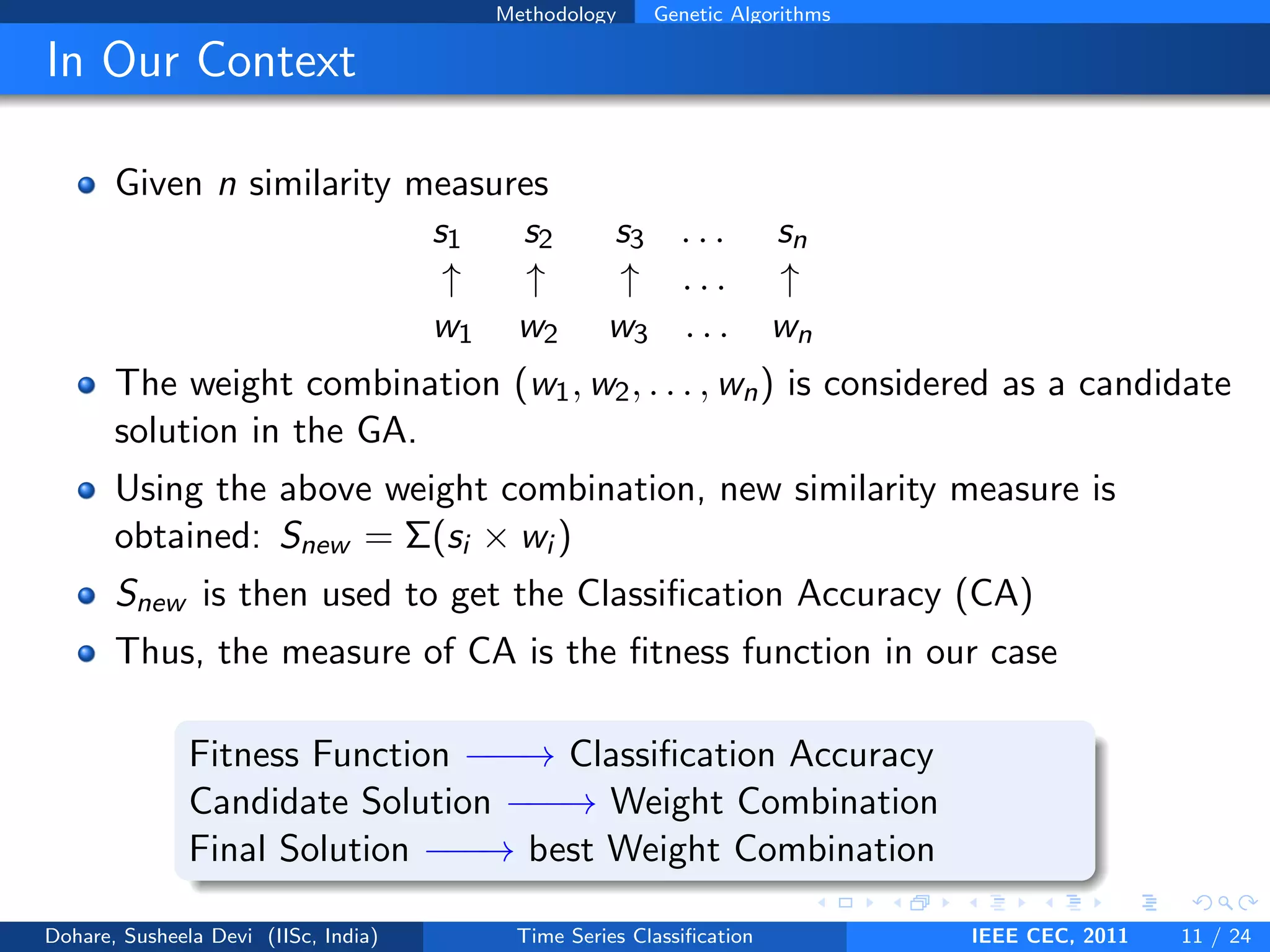 Methodology Genetic Algorithms
In Our Context
Given n similarity measures
s1 s2 s3 . . . sn
↑ ↑ ↑ . . . ↑
w1 w2 w3 . . . wn
The weight combination (w1, w2, . . . , wn) is considered as a candidate
solution in the GA.
Using the above weight combination, new similarity measure is
obtained: Snew = Σ(si × wi )
Snew is then used to get the Classification Accuracy (CA)
Thus, the measure of CA is the fitness function in our case
Fitness Function −
−
−
→ Classification Accuracy
Candidate Solution −
−
−
→ Weight Combination
Final Solution −
−
−
→ best Weight Combination
Dohare, Susheela Devi (IISc, India) Time Series Classification IEEE CEC, 2011 11 / 24
 