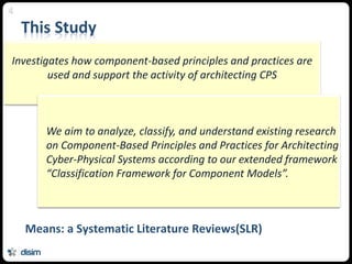 This Study
Means: a Systematic Literature Reviews(SLR)
4
Investigates how component-based principles and practices are
use...