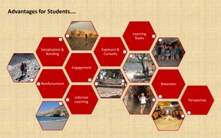 Advantages for Students….


                                                        Learning
                                                         Styles


            Socialization &                Exposure &
               Bonding                      Curiosity


                              Engagement



            Reinforcement                                          Retention


                               Informal
                               Learning                                        Perspective
 