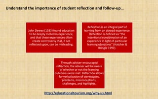 Understand the importance of student reflection and follow-up…



                                                         Reflection is an integral part of
           John Dewey (1933) found education         learning from an abroad experience.
            to be deeply rooted in experience,             Reflection is defined as “the
             and that these experiences often            intentional consideration of an
              create controversy that, if not           experience in light of particular
            reflected upon, can be misleading.          learning objectives” (Hatcher &
                                                                  Bringle 1997).



                                    Through adviser-encouraged
                                reflection, the adviser will be aware
                                   of whether or not the learning
                               outcomes were met. Reflection allows
                                  for verbalization of stereotypes,
                                     problems, misconceptions,
                                     challenges, and highlights.


                       http://educationaltourism.org/why-us.html
 