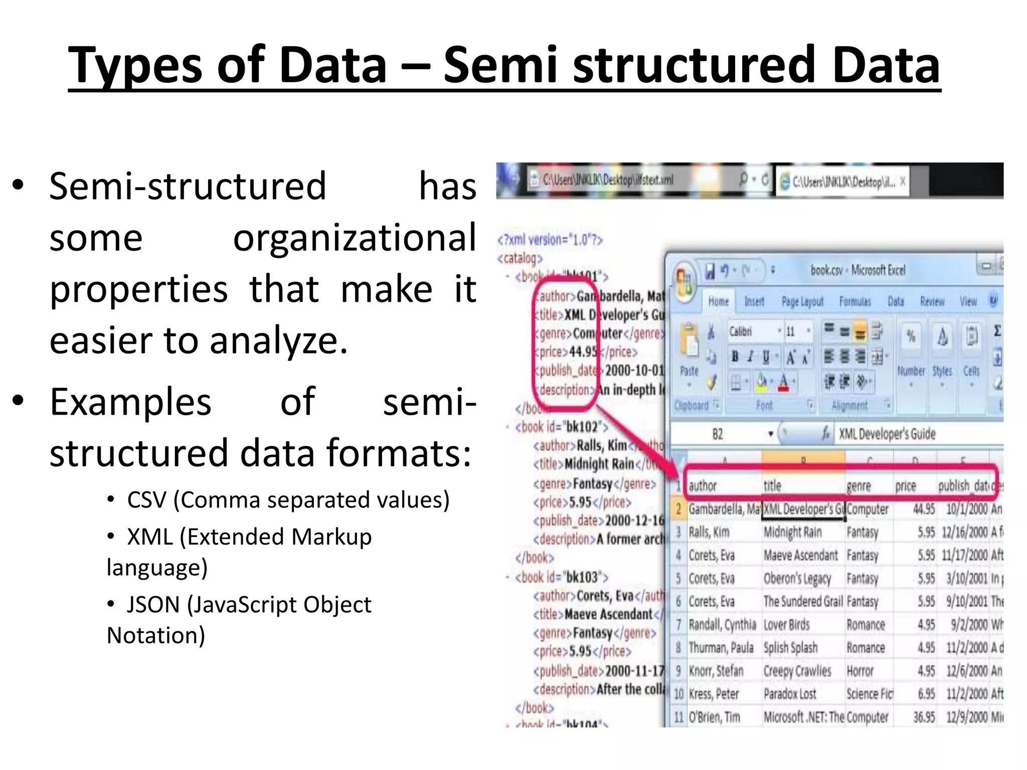 • Semi-structured has some organizational properties that make it easier to analyze. • Examples of semi- structured data formats: • CSV (Comma separated values) • XML (Extended Markup language) • JSON (JavaScript Object Notation) Types of Data – Semi structured Data 