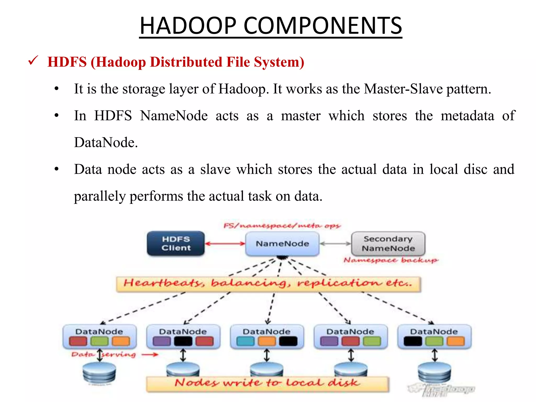  HDFS (Hadoop Distributed File System) • It is the storage layer of Hadoop. It works as the Master-Slave pattern. • In HDFS NameNode acts as a master which stores the metadata of DataNode. • Data node acts as a slave which stores the actual data in local disc and parallely performs the actual task on data. HADOOP COMPONENTS 