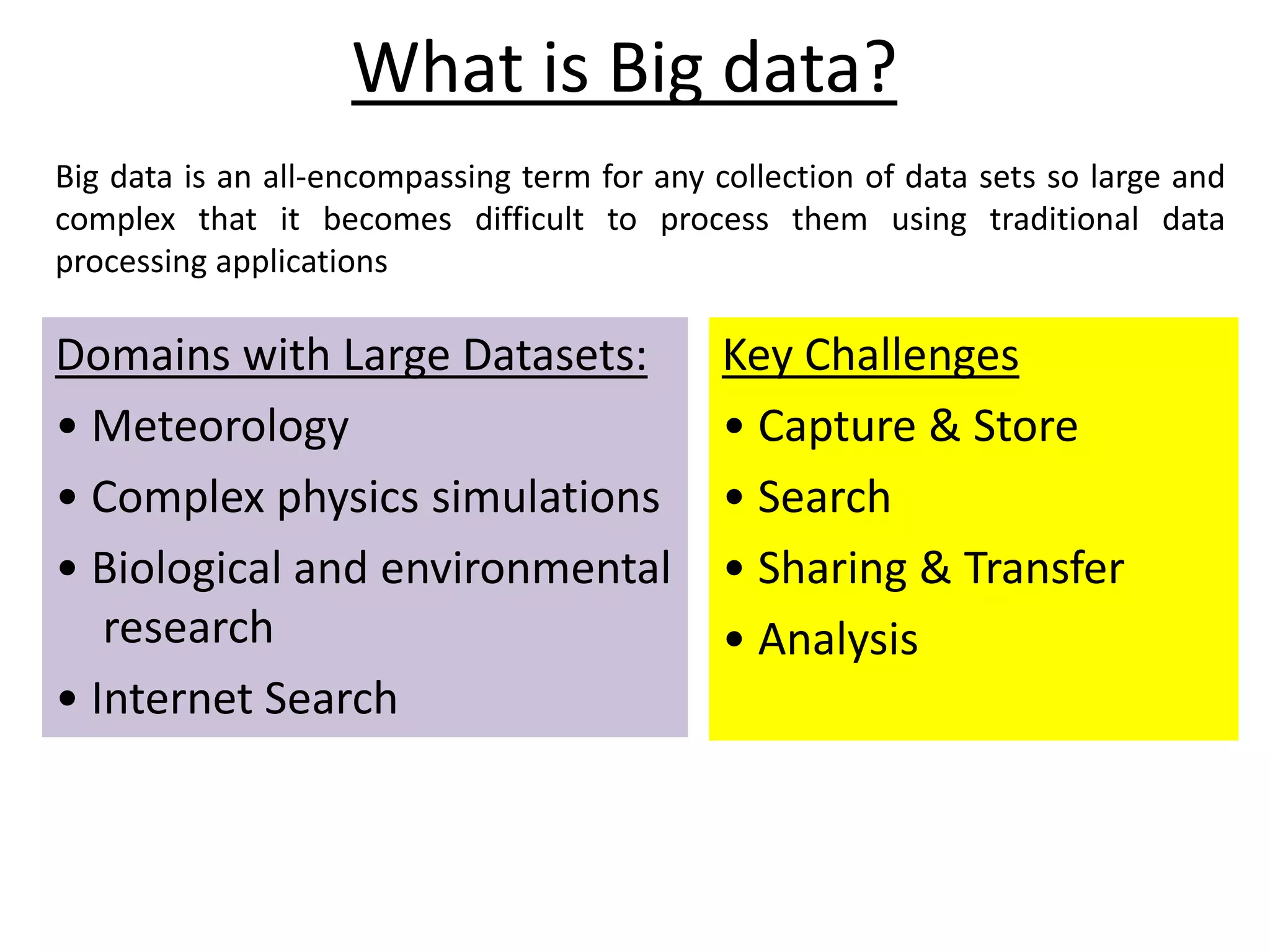 What is Big data? Key Challenges • Capture & Store • Search • Sharing & Transfer • Analysis Big data is an all-encompassing term for any collection of data sets so large and complex that it becomes difficult to process them using traditional data processing applications Domains with Large Datasets: • Meteorology • Complex physics simulations • Biological and environmental research • Internet Search 