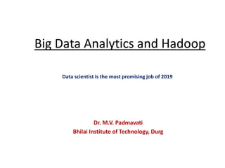 Big Data Analytics and Hadoop
Dr. M.V. Padmavati
Bhilai Institute of Technology, Durg
Data scientist is the most promising job of 2019
 