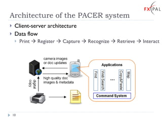 Architecture of the PACER system Client-server architecture Data flow Print    Register    Capture    Recognize    Retrieve    Interact 