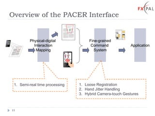 Overview of the PACER Interface Physical-digital  Interaction Mapping Fine-grained Command  System Semi-real time processing Loose Registration Hand Jitter Handling Hybrid Camera-touch Gestures Application + 