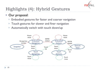 Highlights (4): Hybrid Gestures Our proposal: Embodied gestures for faster and coarser navigation Touch gestures for slower and finer navigation Automatically switch with touch down/up  