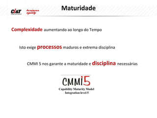 Maturidade

Complexidade aumentando ao longo do Tempo


   Isto exige processos maduros e extrema disciplina


       CMMI 5 nos garante a maturidade e disciplina necessárias




                       Capability Maturity Model
                          Integration level 5
 