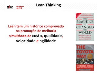Lean Thinking



Lean tem um histórico comprovado
     na promoção de melhoria
 simultânea de custo, qualidade,
    velocidade e agilidade
 