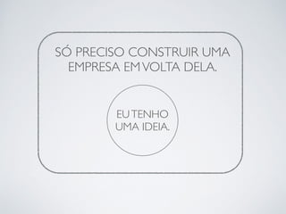 SÓ PRECISO CONSTRUIR UMA 
EMPRESA EM VOLTA DELA. 
EU TENHO 
UMA IDEIA. 
 