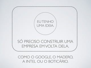 EU TENHO 
UMA IDEIA. 
SÓ PRECISO CONSTRUIR UMA 
EMPRESA EM VOLTA DELA. 
COMO O GOOGLE, O MADERO, 
A INTEL OU O BOTICÁRIO. 
 