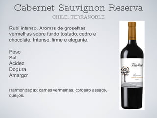 Cabernet Sauvignon Reserva CHILE, TERRANOBLE Rubi intenso. Aromas de groselhas vermelhas sobre fundo tostado, cedro e chocolate. Intenso, firme e elegante. Peso Sal Acidez Doçura Amargor Harmonização: carnes vermelhas, cordeiro assado, queijos. 