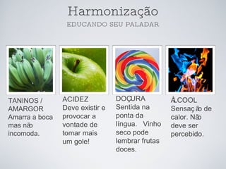 Harmonização EDUCANDO SEU PALADAR TANINOS / AMARGOR Amarra a boca mas não incomoda. ACIDEZ Deve existir e provocar a vontade de tomar mais um gole! DOÇURA Sentida na ponta da língua.  Vinho seco pode lembrar frutas doces. ÁLCOOL Sensação de calor. Não deve ser percebido. 