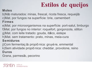 Estilos de queijos Moles Não maturados: minas, frescal, ricota fresca, requeijão Mat. por fungos na superfície: brie, camembert Firmes Mat. por microorganismos na superfície: port-salut, limburgo  Mat. por fungos no interior: roquefort, gorgonzola, stilton Mat. com leite tratado: gouda, itálico, estepe Mat. sem tratamento: prato, minas, meia-cura  Semiduros Com fermentação propiônica: gruyère, emmental Sem atividade propiônica: cheddar, provolone, reino Duros Grana, parmesão, pecorino 
