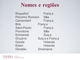 Nomes e regiões Roquefort França Pecorino Romano Itália Camembert França Brie França Saint-Paulin França Provolone Itália Emmental Suiça Gruyère Suiça e França Gouda Holanda Edam Holanda Danablu Dinamarca 