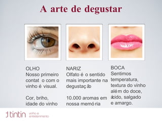 A arte de degustar OLHO Nosso primeiro contat  o com o vinho é visual. Cor, briho, idade do vinho NARIZ Olfato é o sentido mais importante na degustação 10.000 aromas em nossa memória BOCA Sentimos temperatura, textura do vinho além do doce, ácido, salgado  e amargo. 