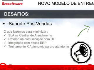 DESAFIOS:
O que fazemos para minimizar :
 SLA na Central de Atendimento
 Reforço na comunicação com UF
 Integração com nosso ERP
 Treinamento X Autonomia para o atendente
 Suporte Pós-Vendas
NOVO MODELO DE ENTREG
 