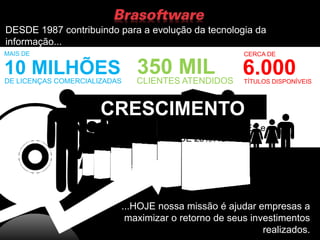DESDE 1987 contribuindo para a evolução da tecnologia da
informação...
MAIS DE
10 MILHÕESDE LICENÇAS COMERCIALIZADAS
350 MILCLIENTES ATENDIDOS
CERCA DE
6.000TÍTULOS DISPONÍVEIS
CRESCIMENTO
FATURAMENTO SUPERIOR A R$ 425 MILHÕES e
CRESCIMENTO ACIMA DE 25% AO ANO
...HOJE nossa missão é ajudar empresas a
maximizar o retorno de seus investimentos
realizados.
 