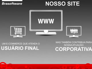 NOSSO SITE
UM E-COMMERCE QUE ATENDA O
USUÁRIO FINAL
MAS TAMBÉM CONTRIBUA PARA
NOSSA ATUAÇÃO
CORPORATIVA
 