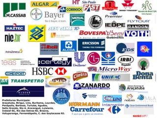 ¶     ¶




Prefeituras Municipais:
Araçatuba, Birigui, Lins, Buritama, Lourdes,
Penápolis, Barbosa, Turiuba, Agudos,
Salto Grande, Sto A. Aracanguá, Luisiania,
Indaial-SC, Rio das Ostras-RJ, Braúna,
Votuporanga, Fernandópolis, C. dos Goytacazes RJ.
 