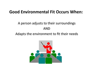 Good	
  Environmental	
  Fit	
  Occurs	
  When:	
  

     A	
  person	
  adjusts	
  to	
  their	
  surroundings	
  
                             AND	
  
    Adapts	
  the	
  environment	
  to	
  ﬁt	
  their	
  needs	
  
 
