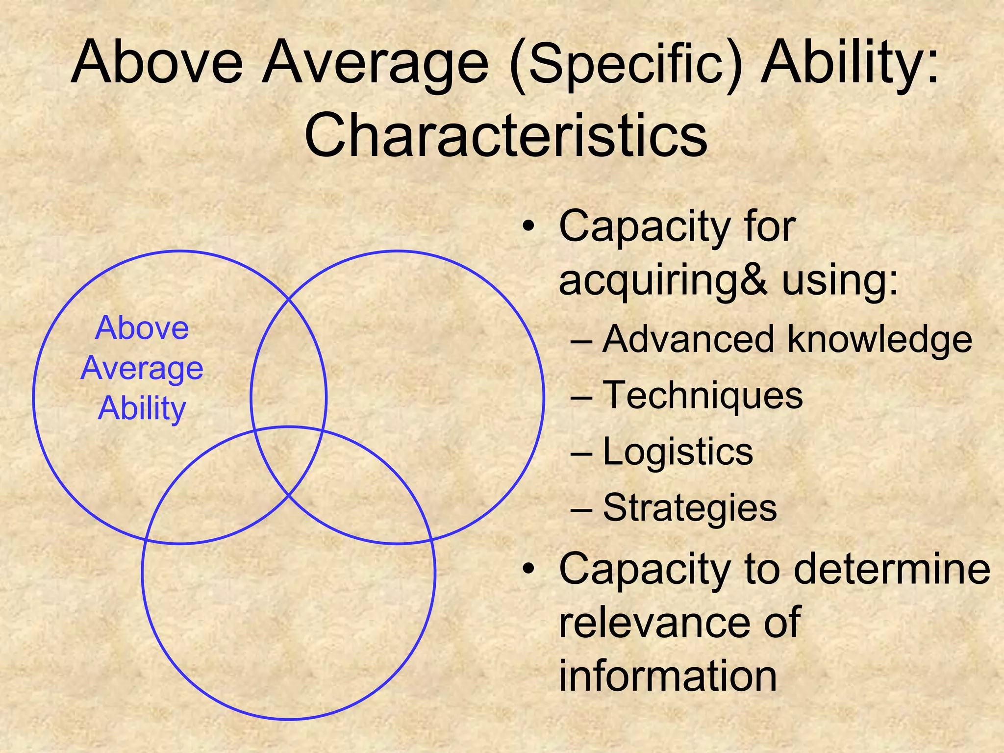 Above Average AbilityAbove Average (Specific) Ability: CharacteristicsCapacity for acquiring & using:Advanced knowledgeTechniquesLogisticsStrategiesCapacity to determine relevance of information