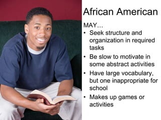 African AmericanMAY…Have extremely strong concentrationExpress displeasure in having to stop certain activitiesBe very independentNeglect school work due to other interestsNot show expected achievement