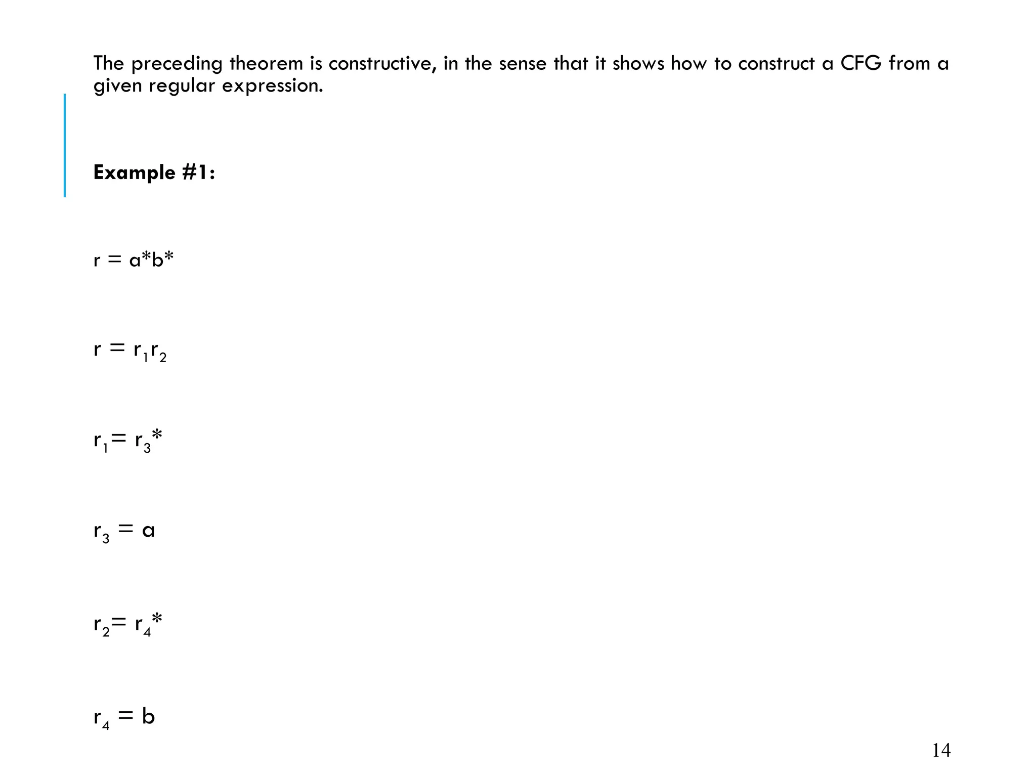 The preceding theorem is constructive, in the sense that it shows how to construct a CFG from a
given regular expression.
Example #1:
r = a*b*
r = r1r2
r1= r3*
r3 = a
r2= r4*
r4 = b
14
 