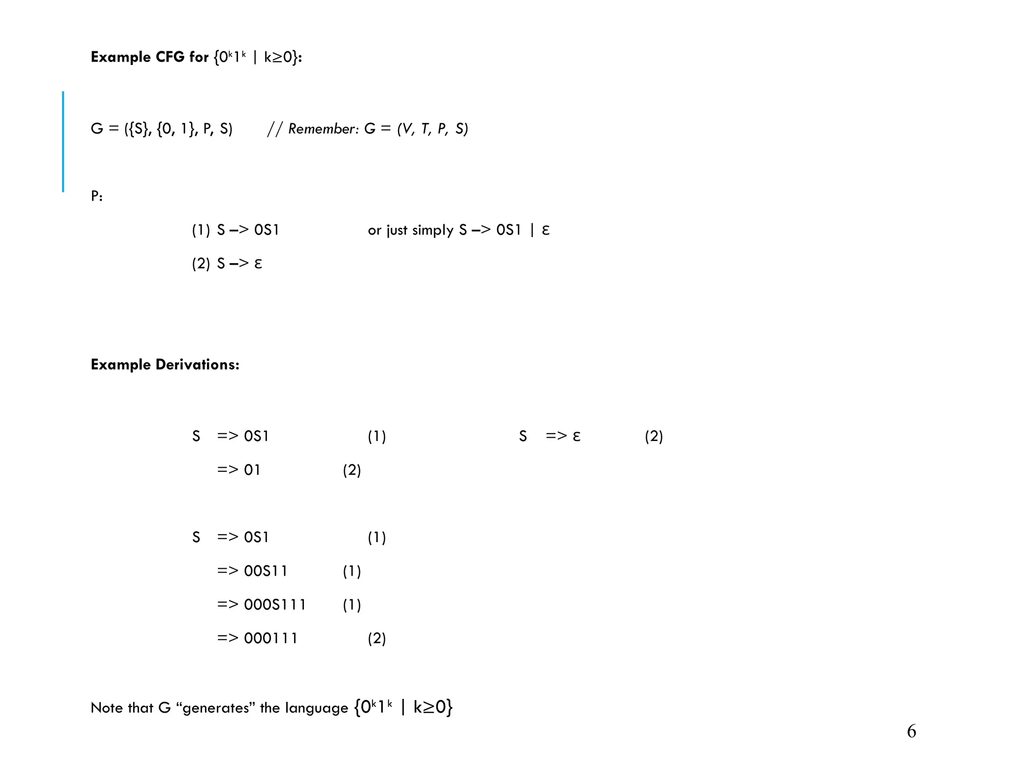 Example CFG for {0k
1k
| k≥0}:
G = ({S}, {0, 1}, P, S) // Remember: G = (V, T, P, S)
P:
(1) S –> 0S1 or just simply S –> 0S1 | ε
(2) S –> ε
Example Derivations:
S => 0S1 (1) S => ε (2)
=> 01 (2)
S => 0S1 (1)
=> 00S11 (1)
=> 000S111 (1)
=> 000111 (2)
Note that G “generates” the language {0k
1k
| k≥0}
6
 