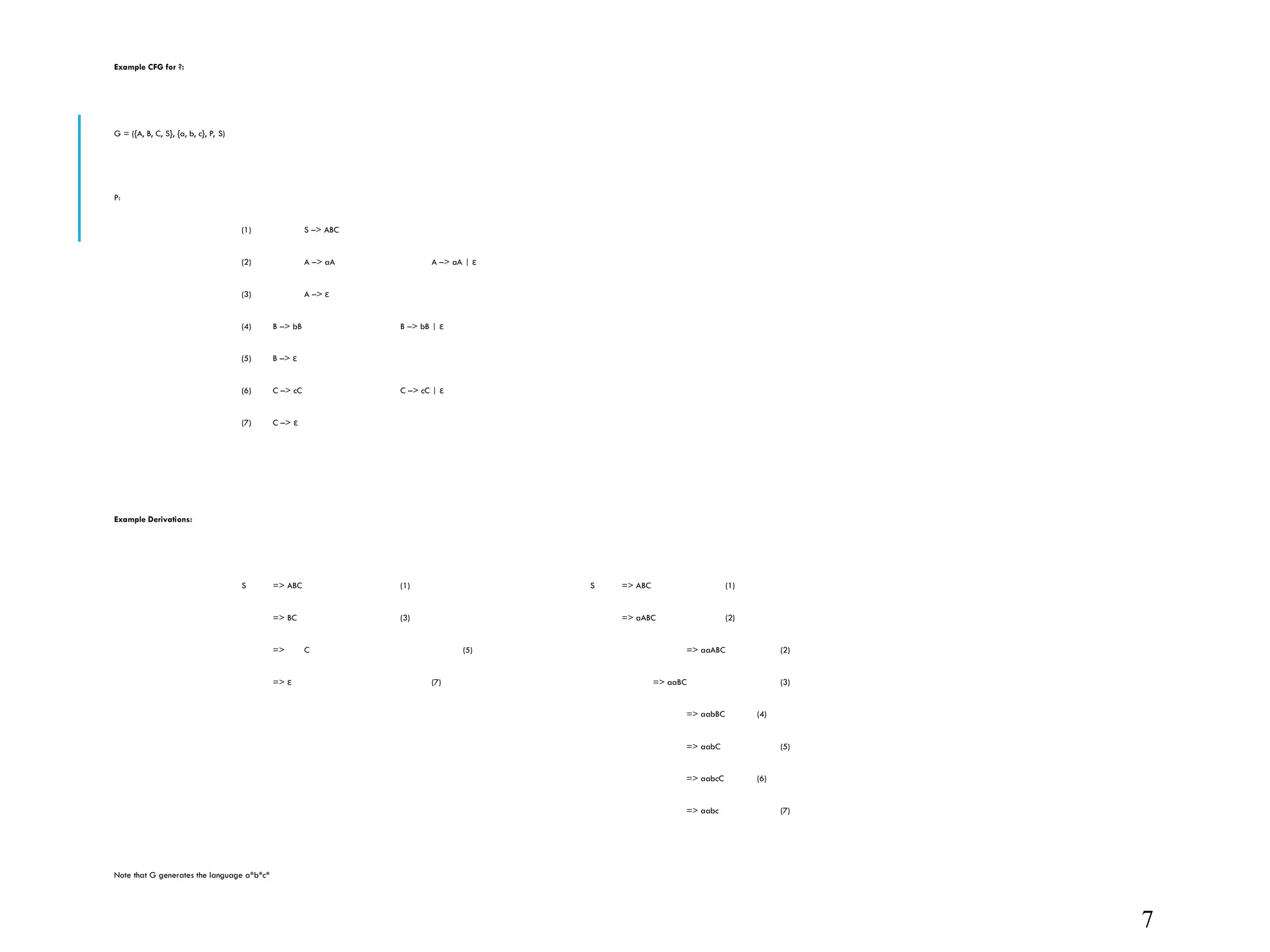 Example CFG for ?:
G = ({A, B, C, S}, {a, b, c}, P, S)
P:
(1) S –> ABC
(2) A –> aA A –> aA | ε
(3) A –> ε
(4) B –> bB B –> bB | ε
(5) B –> ε
(6) C –> cC C –> cC | ε
(7) C –> ε
Example Derivations:
S => ABC (1) S => ABC (1)
=> BC (3) => aABC (2)
=> C (5) => aaABC (2)
=> ε (7) => aaBC (3)
=> aabBC (4)
=> aabC (5)
=> aabcC (6)
=> aabc (7)
Note that G generates the language a*b*c*
7
 