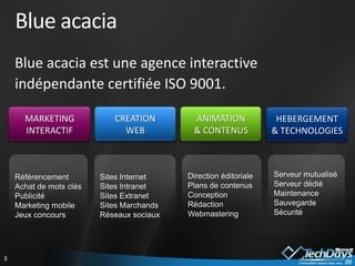 Blue acacia
    Blue acacia est une agence interactive
    indépendante certifiée ISO 9001.

      MARKETING             CREATION        ANIMATION              HEBERGEMENT
      INTERACTIF              WEB           & CONTENUS            & TECHNOLOGIES



    Référencement        Sites Internet    Direction éditoriale   Serveur mutualisé
    Achat de mots clés   Sites Intranet    Plans de contenus      Serveur dédié
    Publicité            Sites Extranet    Conception             Maintenance
    Marketing mobile     Sites Marchands   Rédaction              Sauvegarde
    Jeux concours        Réseaux sociaux   Webmastering           Sécurité




3
 